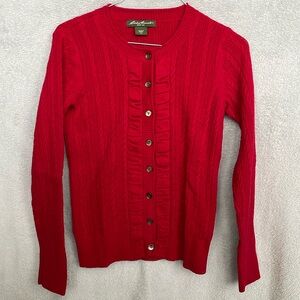 Red Cable Knit Crew neck Cardigan Sweater